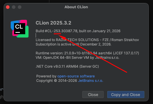 CLion About dialog showing build number CL-253.30387.78